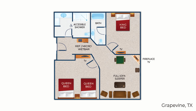 The floor plan for the accessible shower Grizzly Bear Suite with balcony/patio